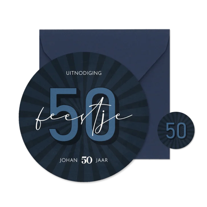 Uitnodiging cirkelvorm 50 feestje blauw vintage