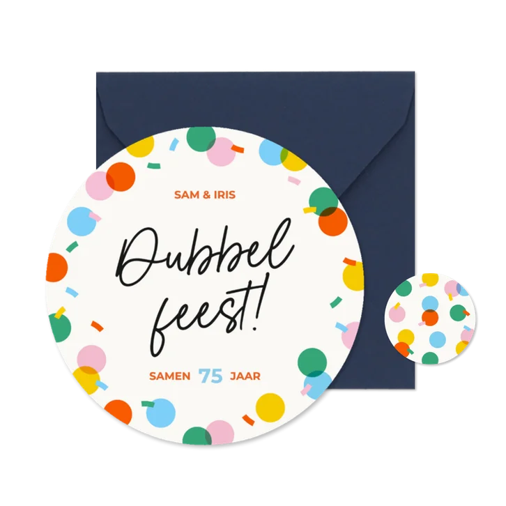 Uitnodiging cirkelvorm dubbel feest met kleurrijke confetti