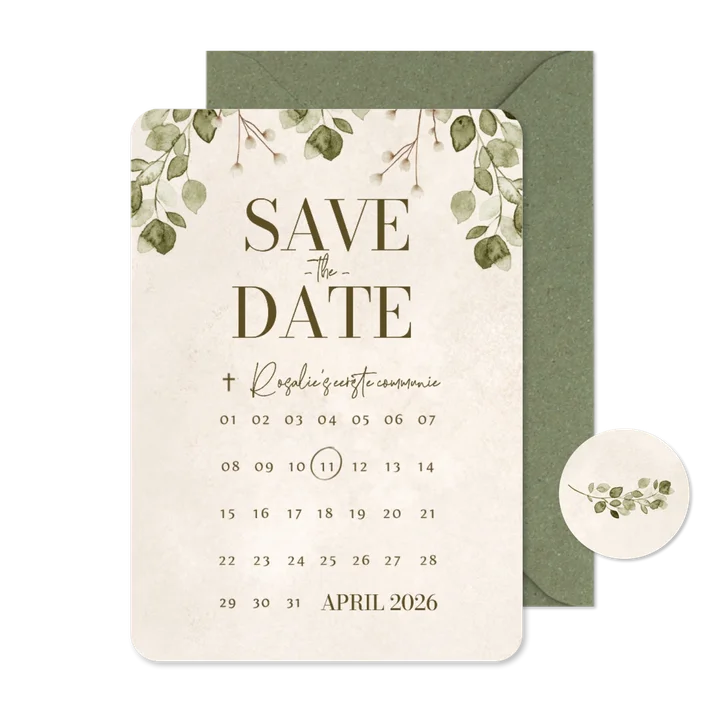 Uitnodiging communie eucalyptus save the date kalender