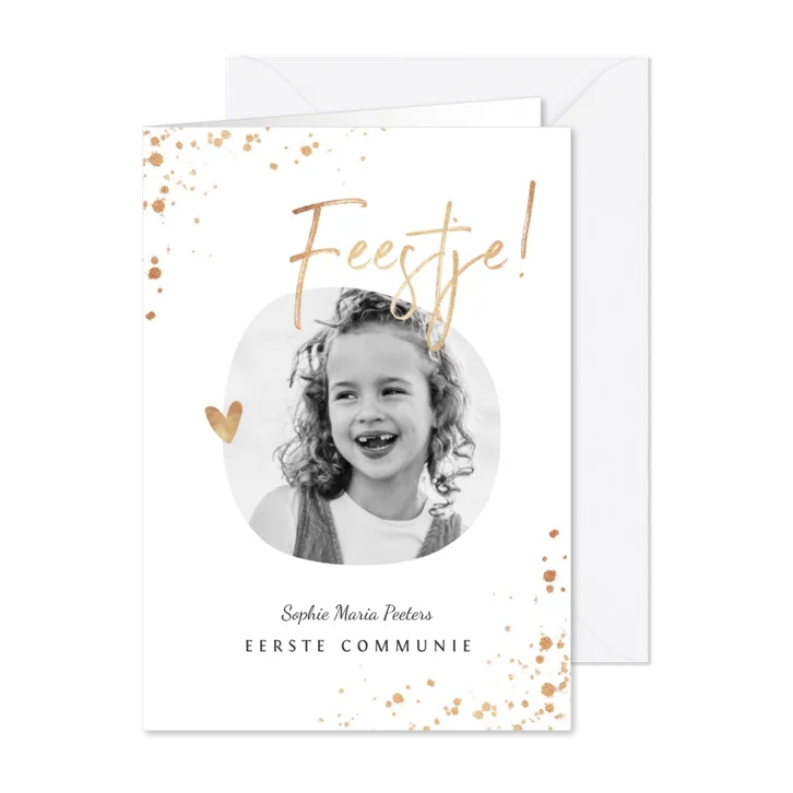 Uitnodiging communie foto stijlvol wit met gouden spetters