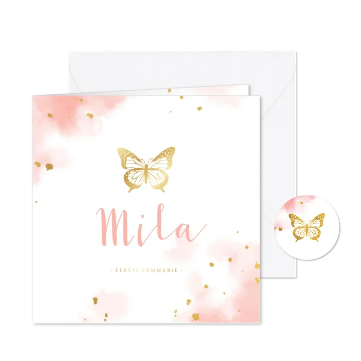 Uitnodiging communie gouden vlinder met waterverf