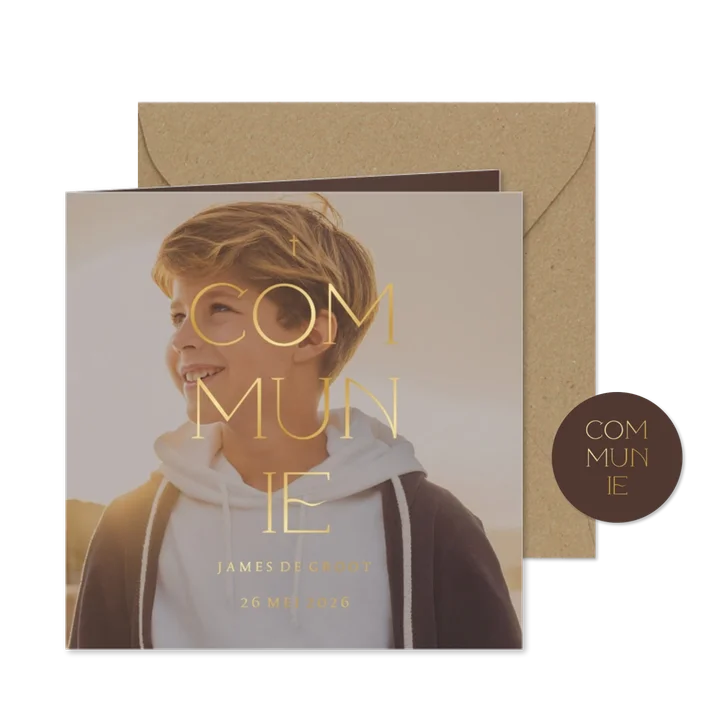 Uitnodiging communie grote foto transparant met goudfolie