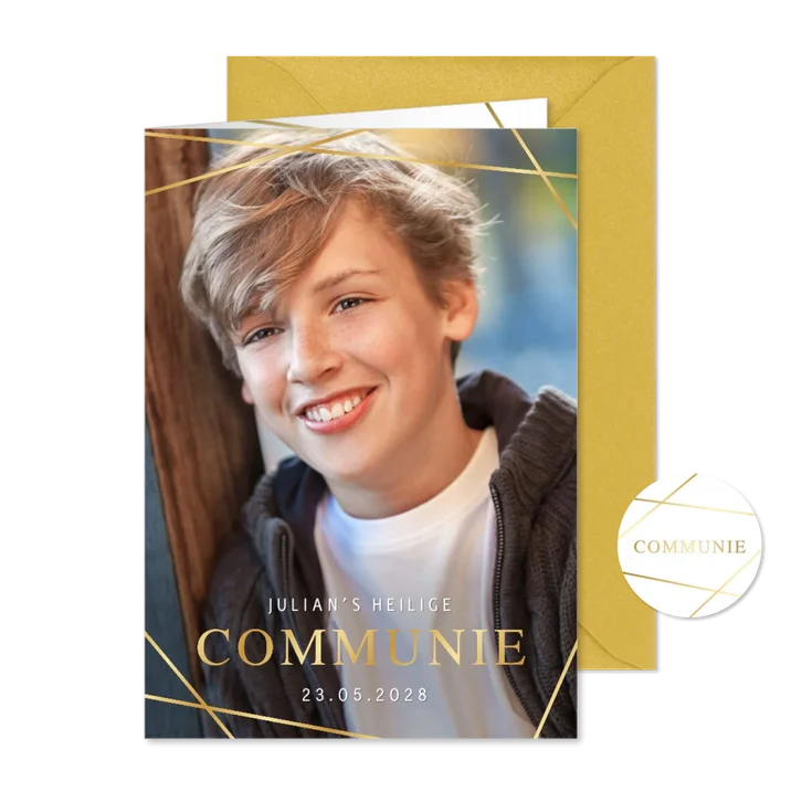 Uitnodiging communie jongen grote foto gouden lijnen