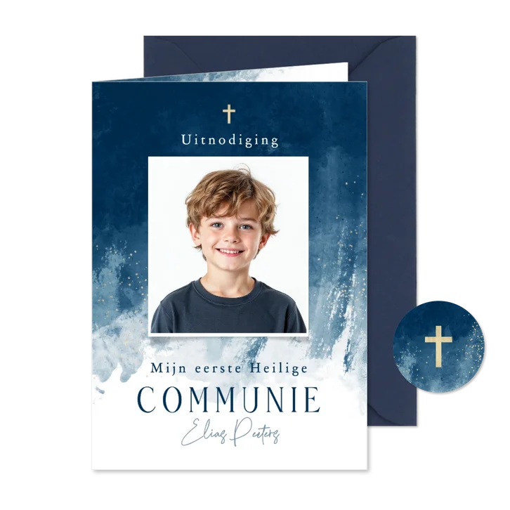 Uitnodiging communie jongen stijlvol foto verf blauw goud