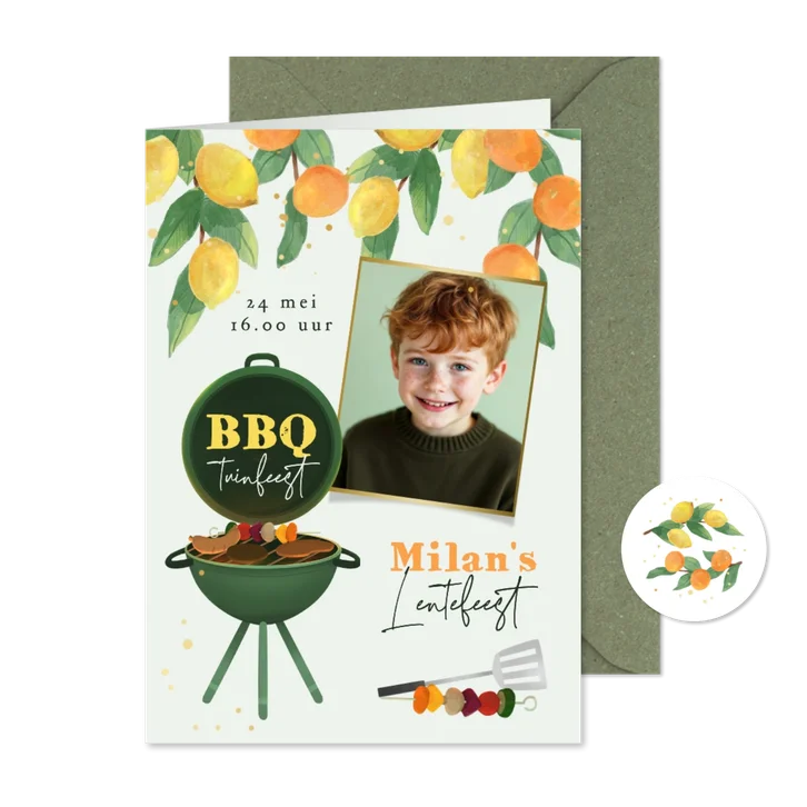 Uitnodiging communie lentefeest citrus bbq tuinfeest