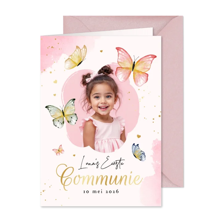 Uitnodiging communie lentefeest meisje roze waterverf foto