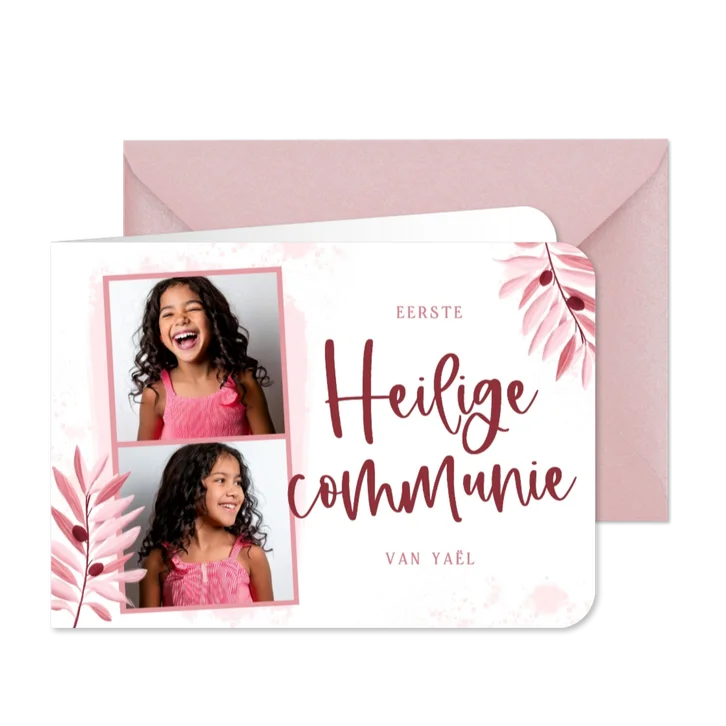 Uitnodiging communie meisje olijftakjes fotostrip roze