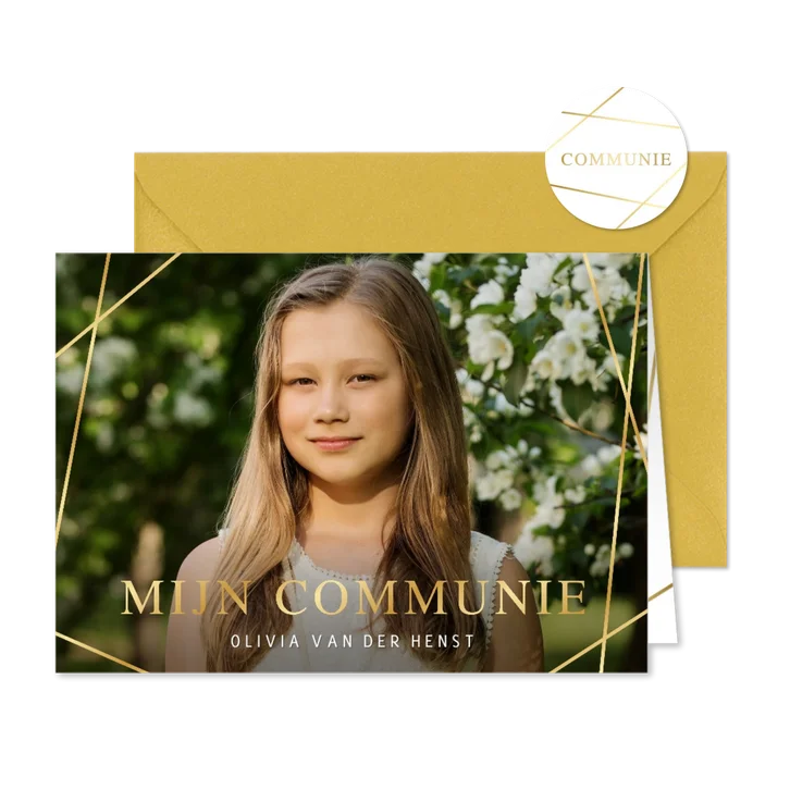 Uitnodiging communie met eigen foto en gouden lijnen