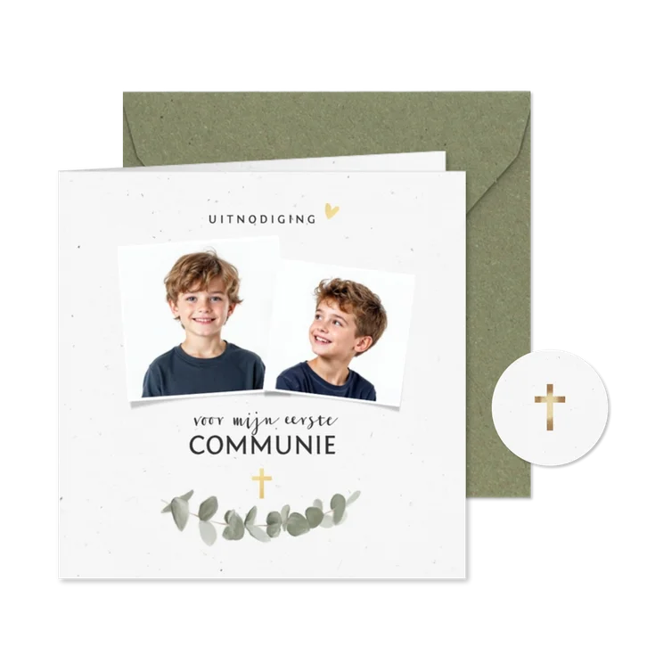 Uitnodiging communie met eucalyptus en foto's