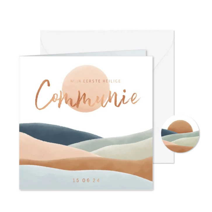 Uitnodiging communie met landschap in blauwe natureltinten