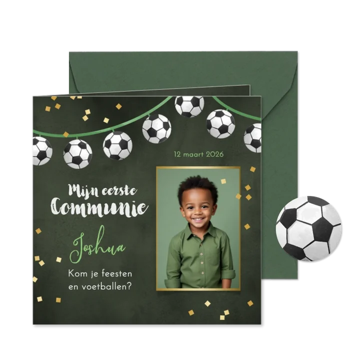 Uitnodiging communiefeest jongen voetbal slingers foto 