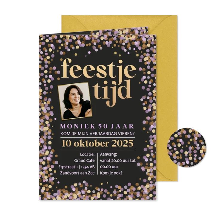 Uitnodiging confetti lila met goudtinten