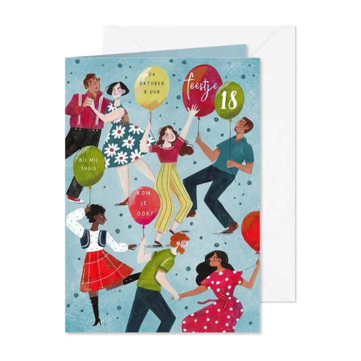 Uitnodiging dansende mensen en ballonnen