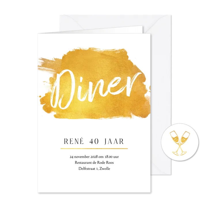 Uitnodiging diner etentje goud champagne foto verf