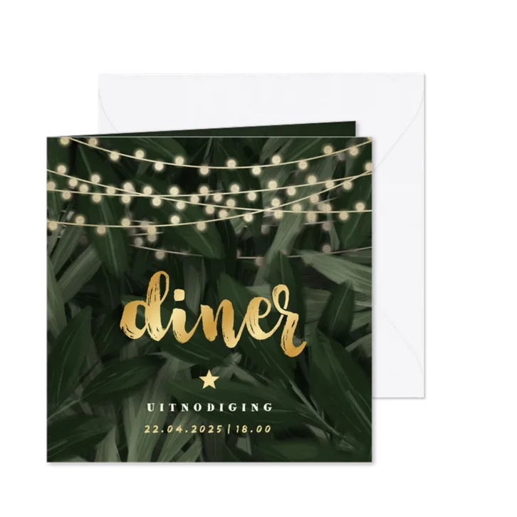 Uitnodiging diner jungle bladeren met lampjes