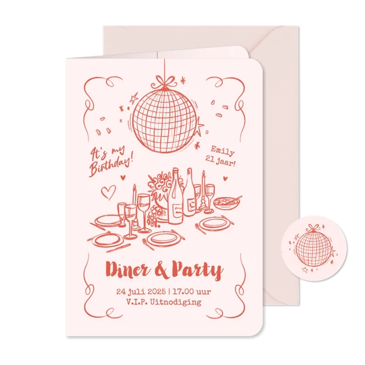 Uitnodiging diner party etentje doodle roze hip