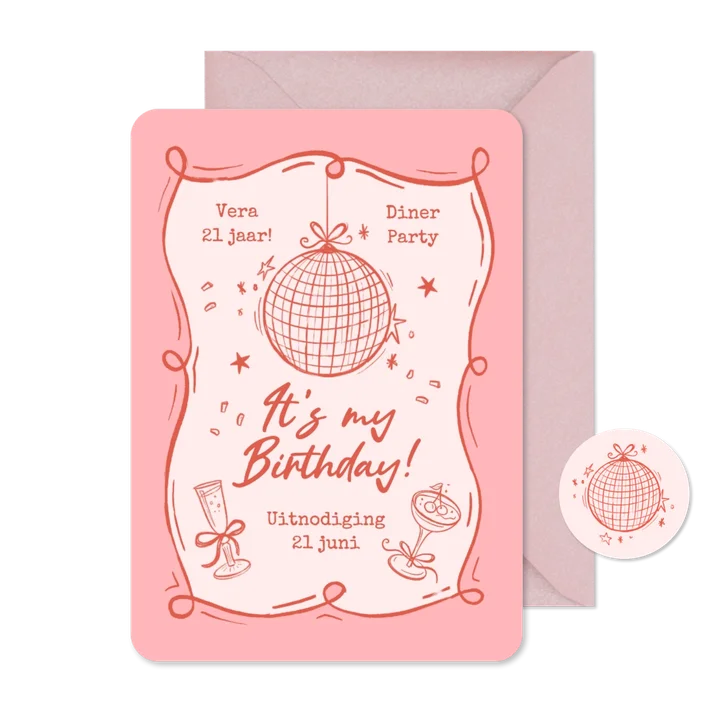 Uitnodiging diner party roze disco doodle cocktails