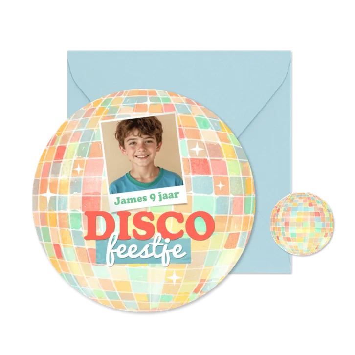 Uitnodiging discofeestje discobal kleurrijk foto unisex