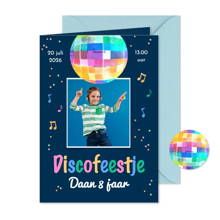 Uitnodiging discofeestje discobol muziek radio hip stoer