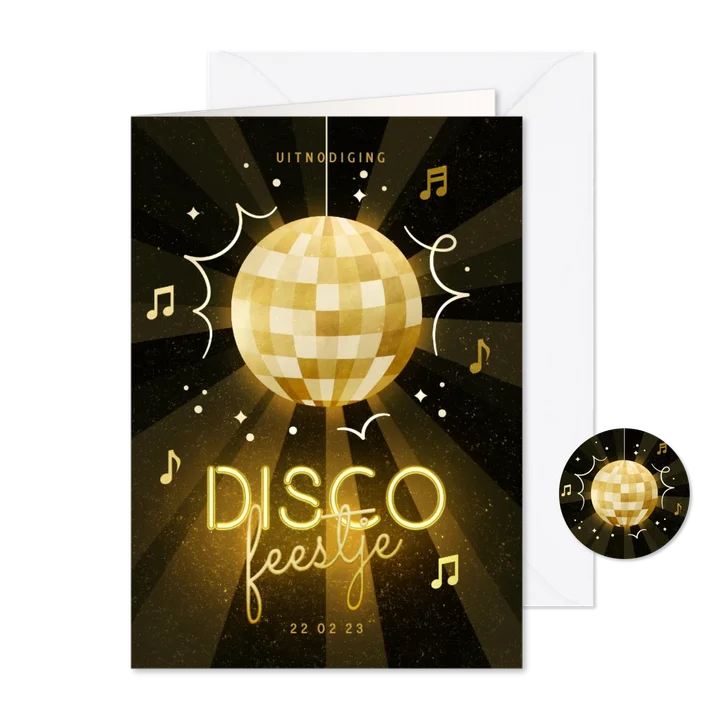 Uitnodiging discofeestje met discobal en neon tekst