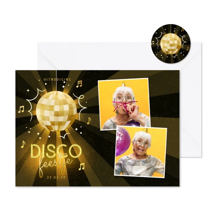 Uitnodiging discofeestje met foto's en discobal 
