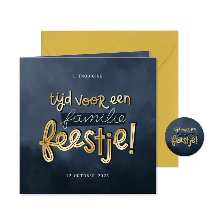 Uitnodiging donkerblauw goud tijd voor een familiefeestje