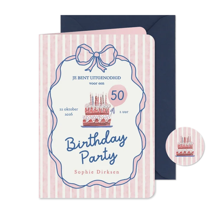 Uitnodiging doodle strik en taart met strepen