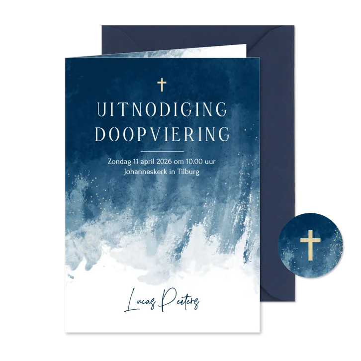 Uitnodiging doop doopviering blauw verf goud stijlvol