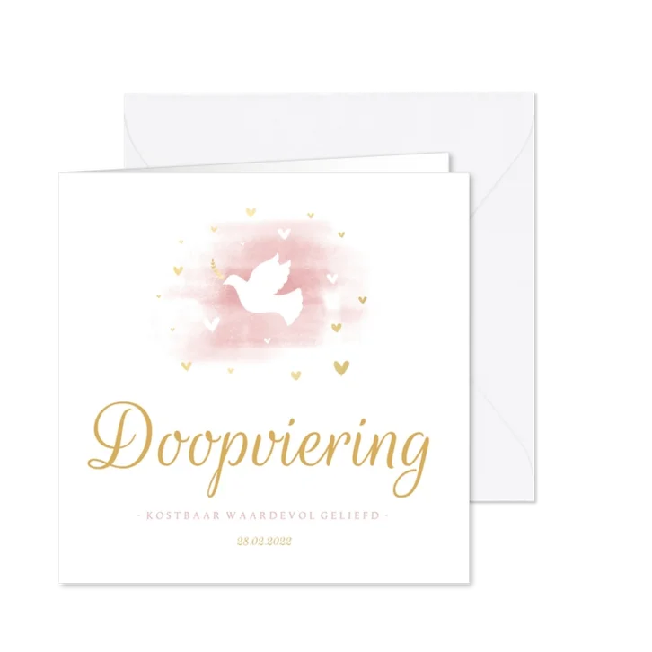 Uitnodiging doop duif met waterverf en hartjes