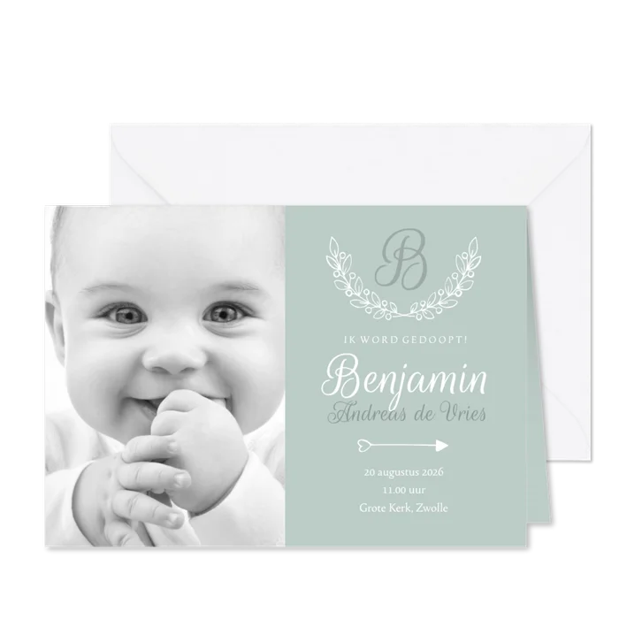 Uitnodiging doop foto & initaal groen