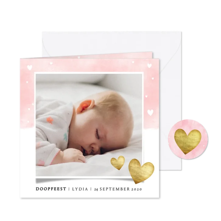 Uitnodiging doopfeest waterverf, witte en gouden hartjes