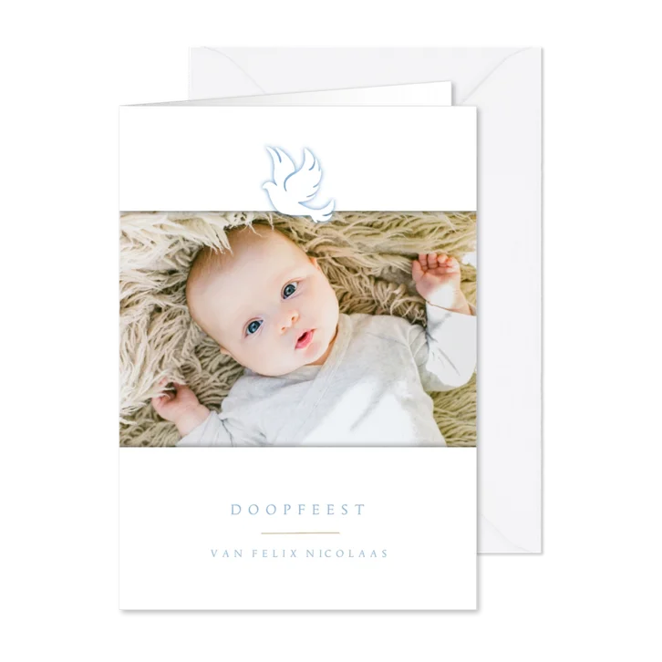 Uitnodiging doopsel foto en blauw duifje