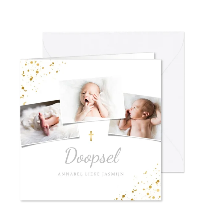 Uitnodiging doopsel fotocollage goudspetters