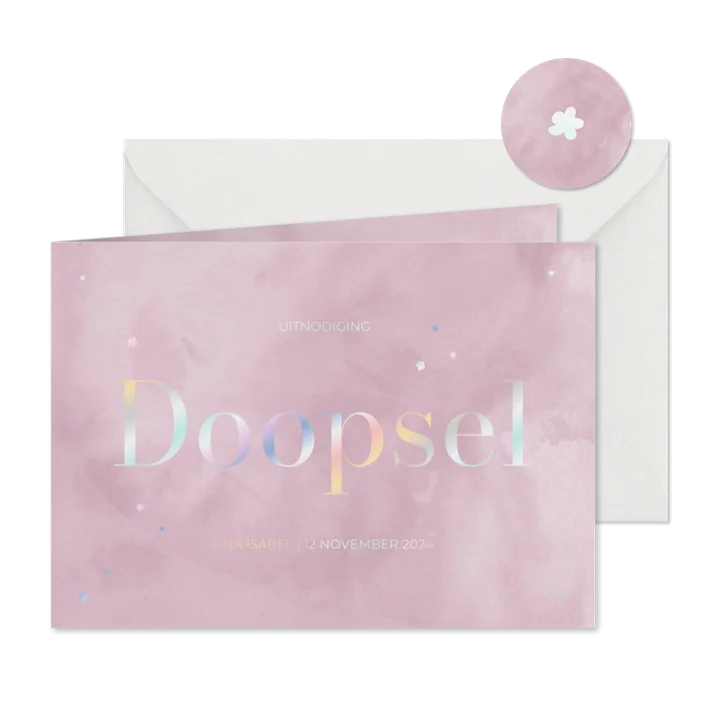 Uitnodiging doopsel lila waterverf en holo bloempjes