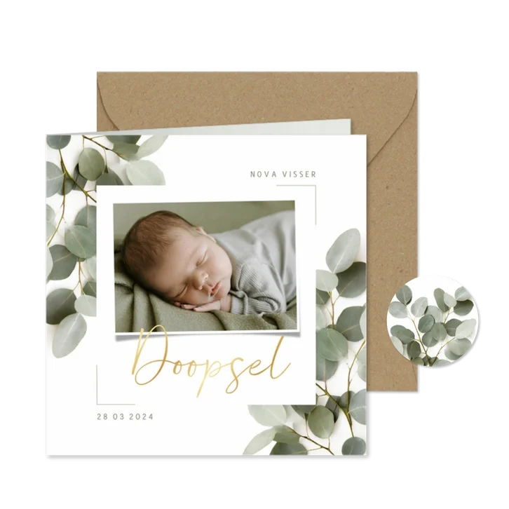 Uitnodiging doopsel met eucalyptus en foto