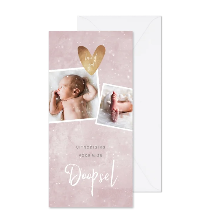 Uitnodiging doopsel roze, fotocollage en hartje