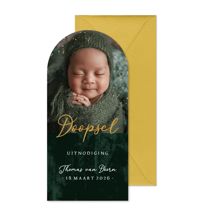 Uitnodiging doopsel spetters goudlook foto