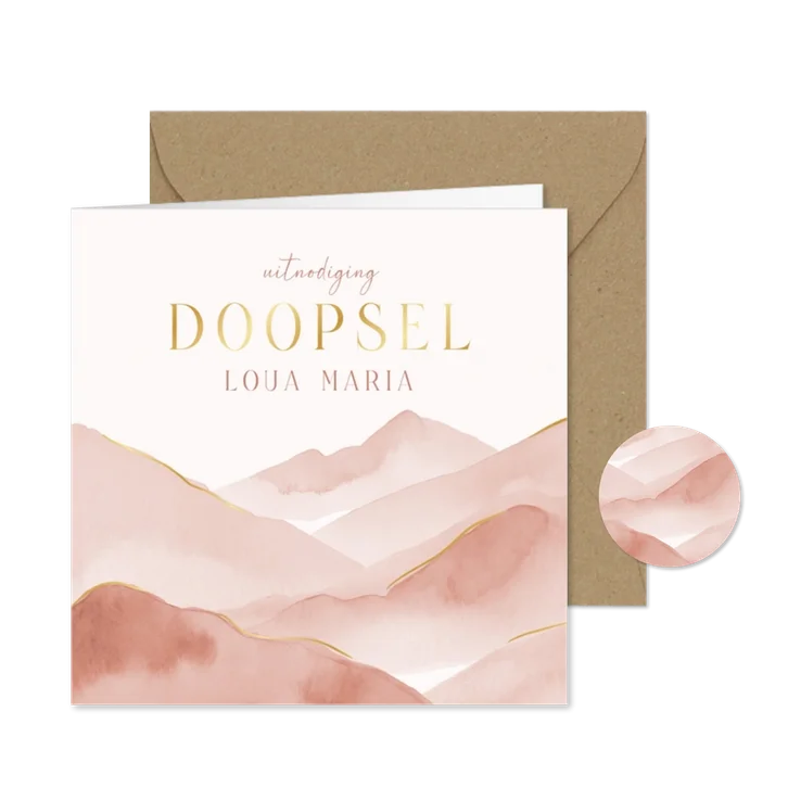 Uitnodiging doopsel waterverf met roze bergjes/landschap