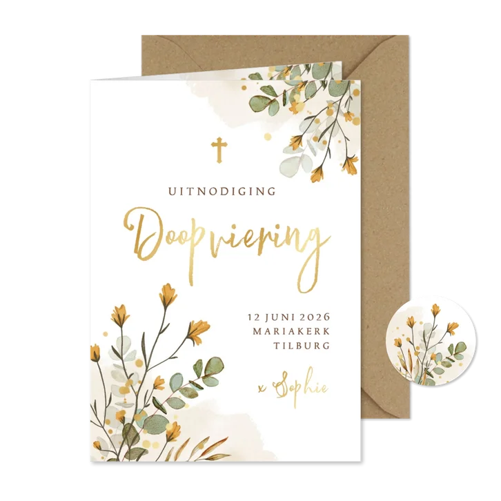 Uitnodiging doopviering waterverf bloemen takjes goud