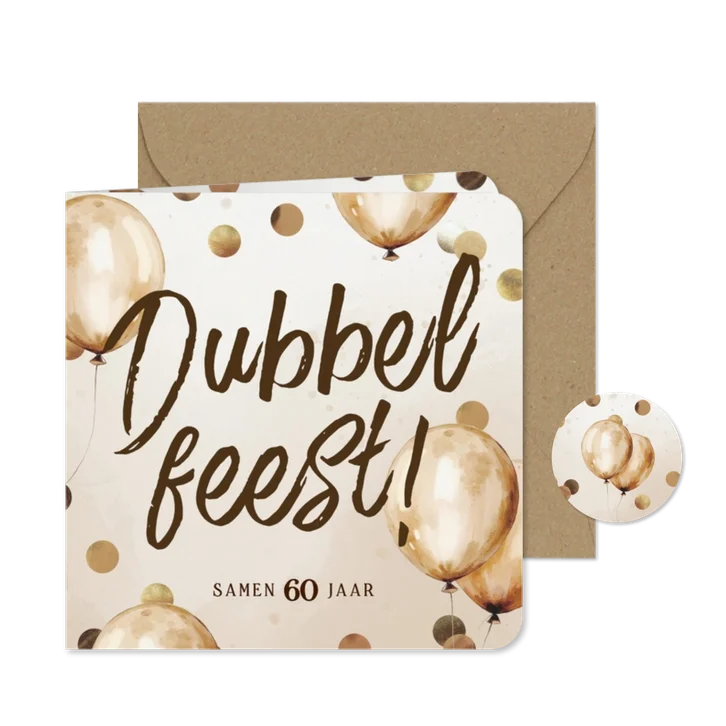 Uitnodiging dubbel feest ballonnen confetti brons