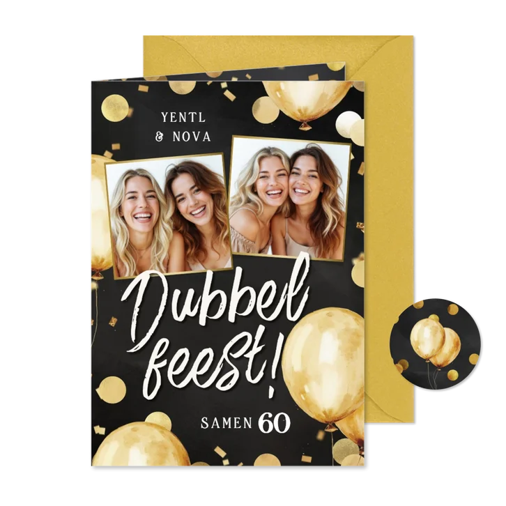 Uitnodiging dubbel feest ballonnen goud confetti met foto's