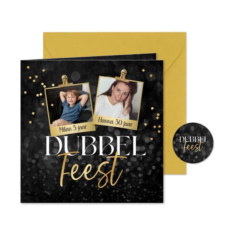 Uitnodiging dubbel feest foto goud confetti krijtbord