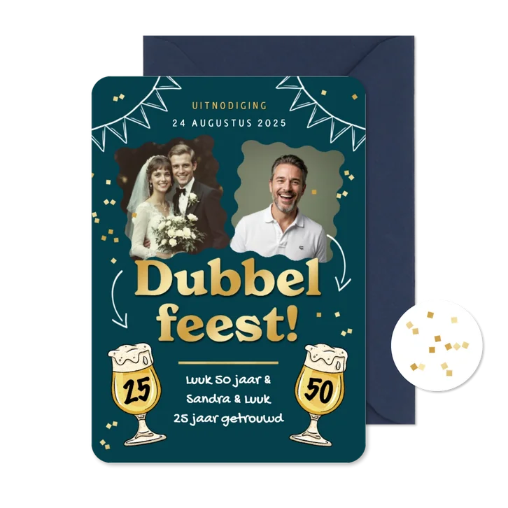 Uitnodiging dubbel feest foto's bier confetti goud hip