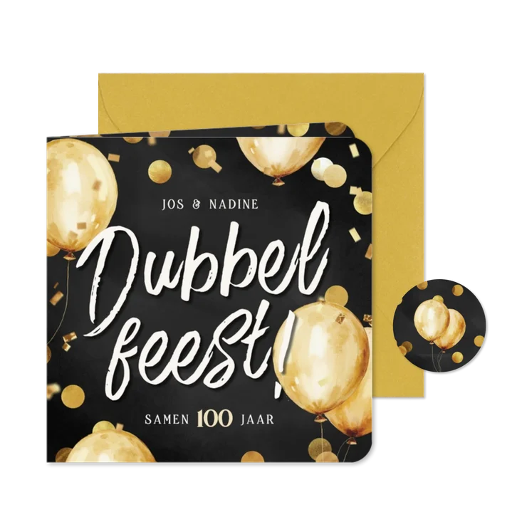 Uitnodiging dubbel feest gouden ballonnen confetti antraciet