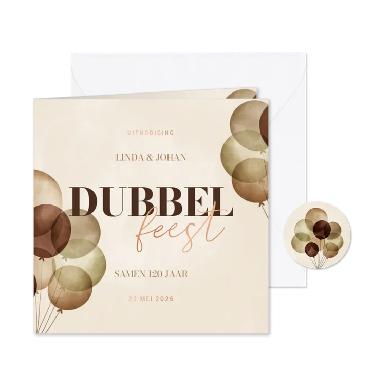 Uitnodiging dubbel feest met ballonnen en koperfolie