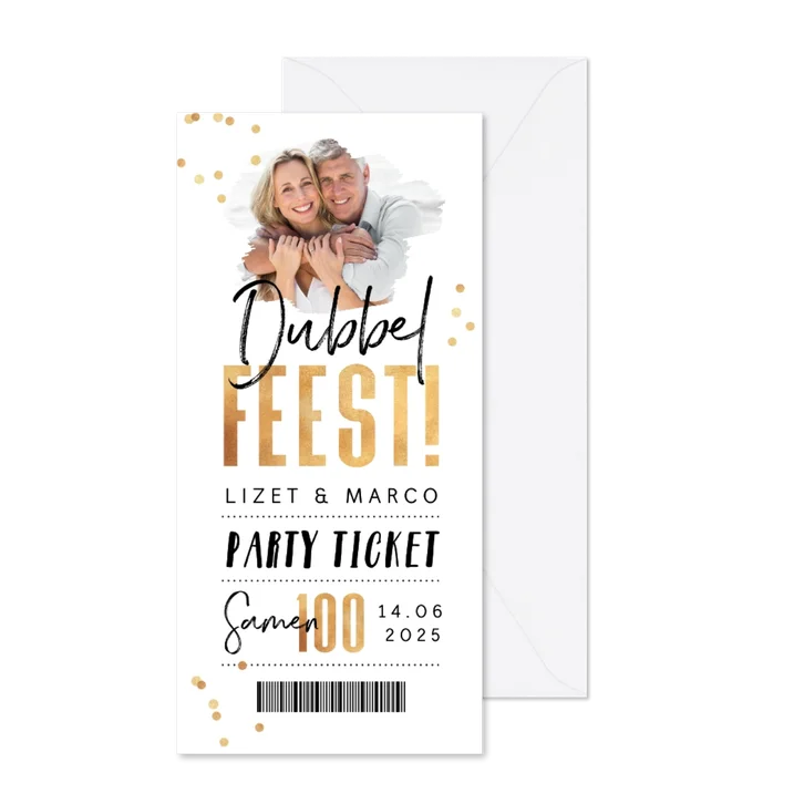 Uitnodiging dubbel feest samen 100 goud confetti ticket