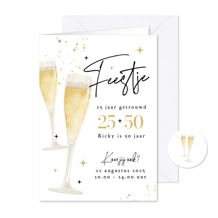 Uitnodiging dubbel feestje champagne goud bubbels