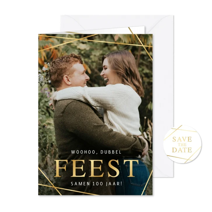Uitnodiging dubbel feestje met grote eigen foto en foliedruk