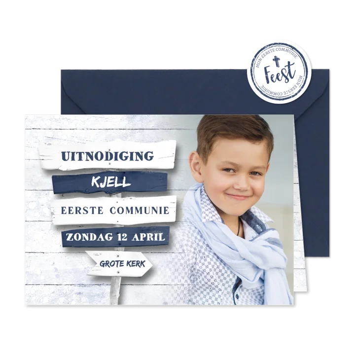 Uitnodiging Eerste Communie wegwijzer blauw met foto