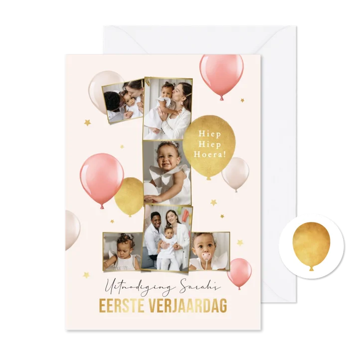 Uitnodiging eerste verjaardag fotocollage cijfer 1 ballonnen